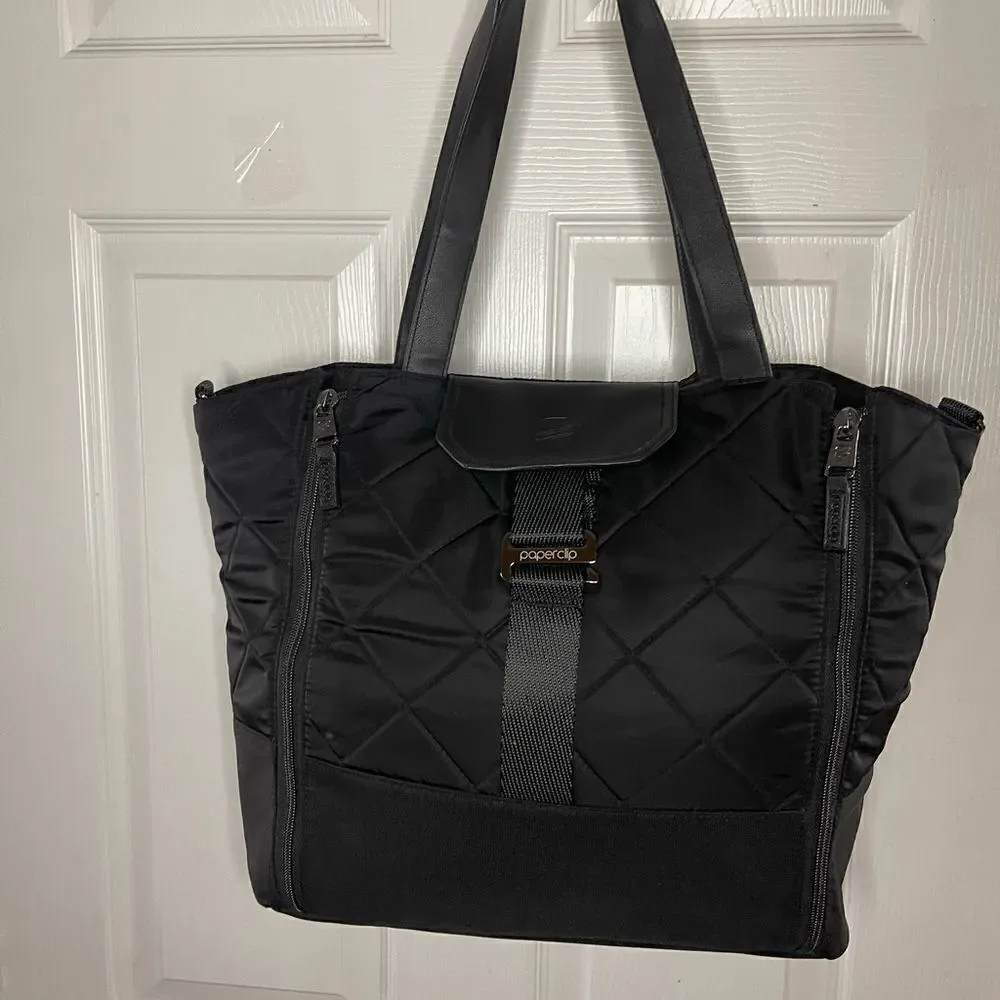 Paper Clip Black Nylon Quilted Large Diaper Bag silver tone hardwares.